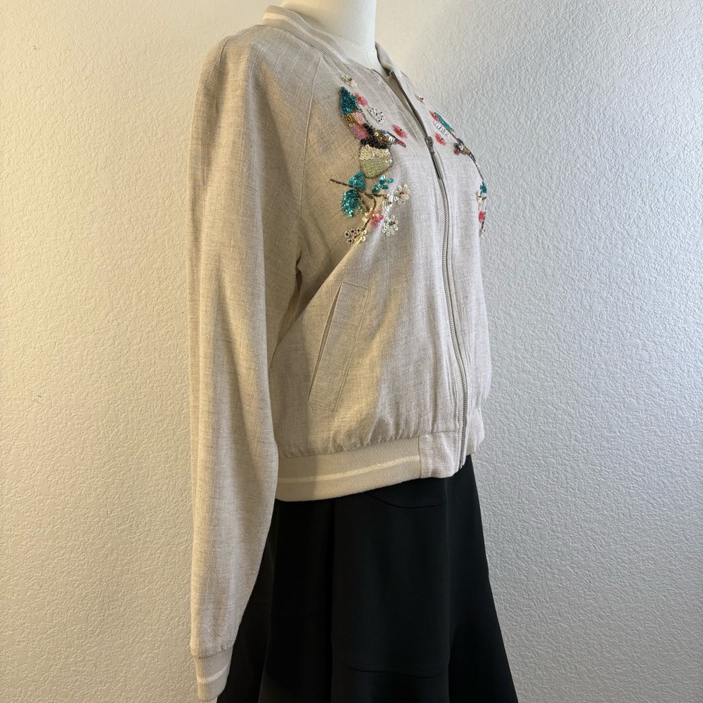Anthropologie Blue Rain Sequin Hummingbird Bomber Jacket Size Small (S) - Picture 3 of 15